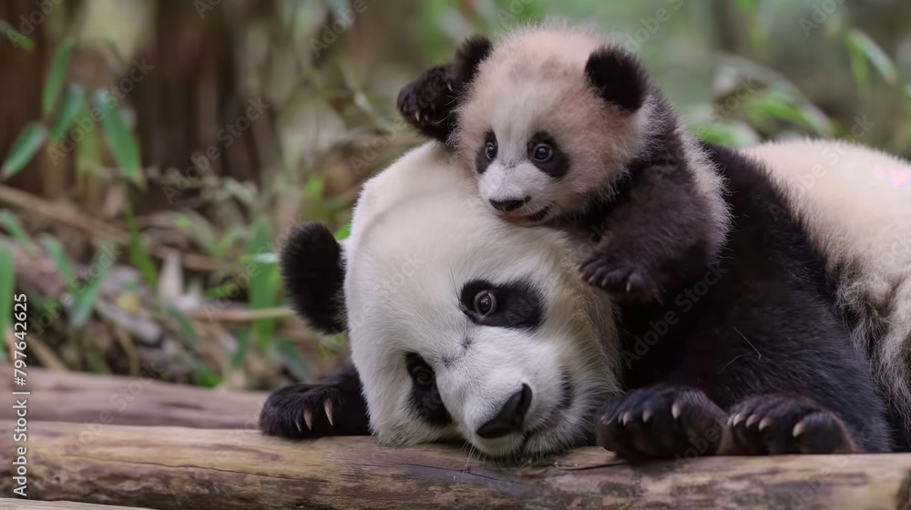 A baby panda is lying on its mother's back.

