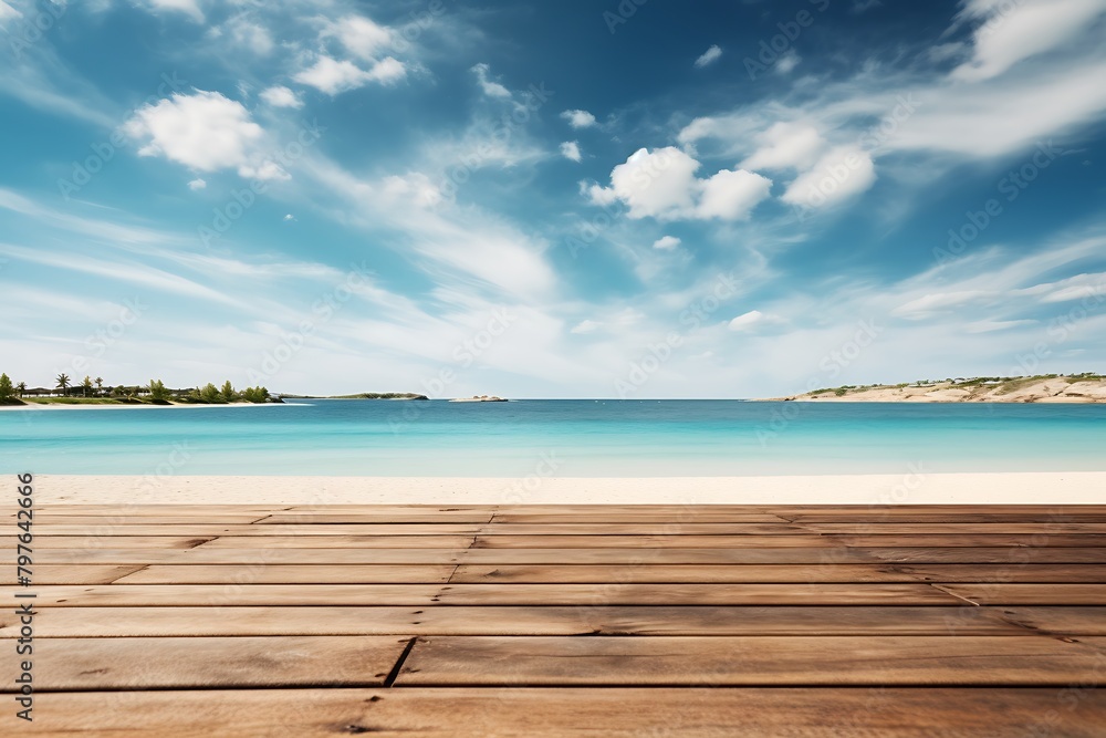Wooden pier on tropical beach with turquoise water and blue sky