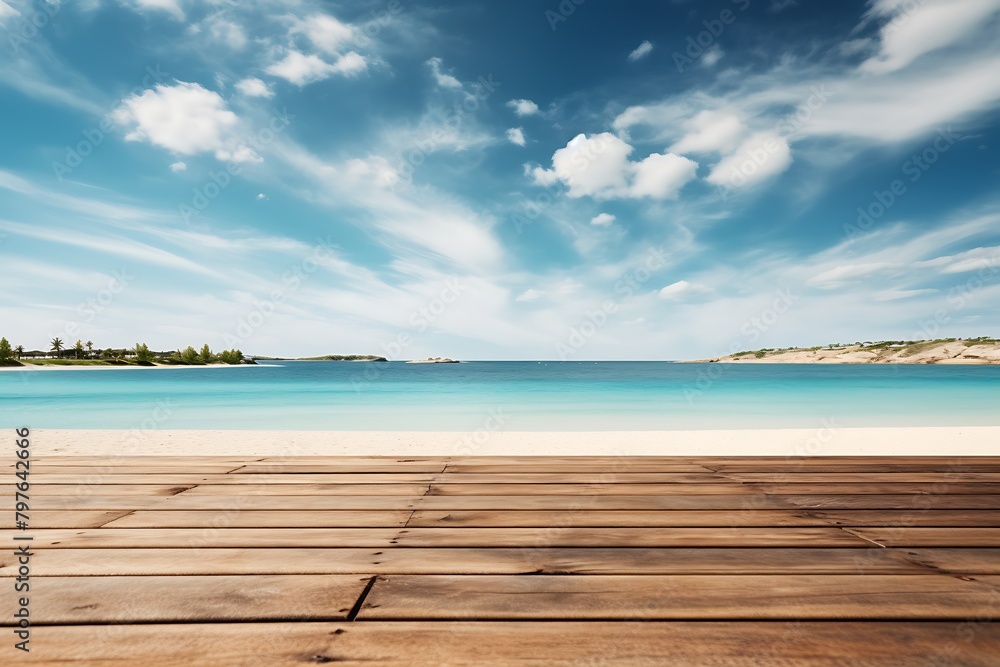 Fototapeta premium Wooden pier on tropical beach with turquoise water and blue sky