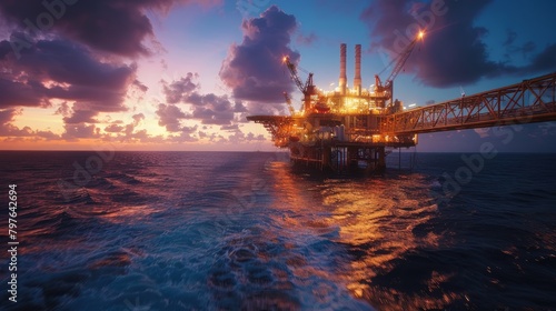 A twilight shot of a commercial offshore oil rig platform in the middle of the ocean, as seen from a boat approaching it