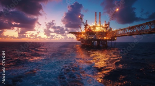 A twilight shot of a commercial offshore oil rig platform in the middle of the ocean, as seen from a boat approaching it © Ilia Nesolenyi