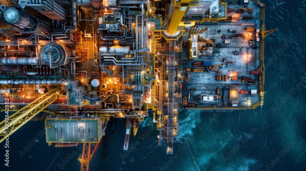 Aerial view of an offshore oil rig platform located in the ocean, surrounded by water