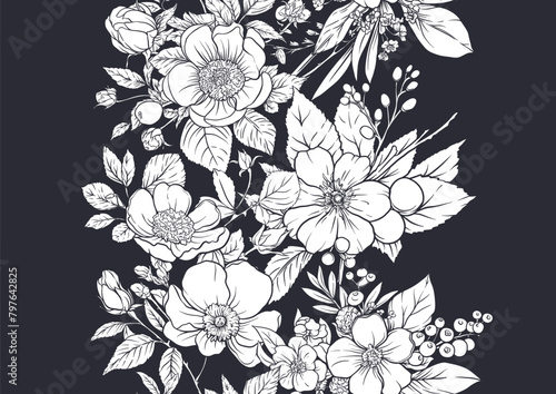 Boutonniere of wild rose flowers and berries Seamless pattern, background. Black and white graphics. Vector illustration. In botanical style