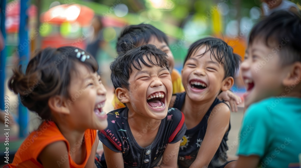 A candid shot of a group of children playing and laughing together