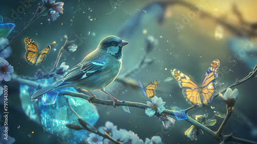 A blue bird is sitting on a branch. The bird and the branch are covered in blue flowers. There are also blue butterflies around the bird.