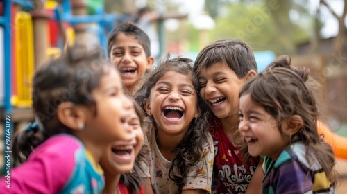 A group of children standing next to each other, laughing and playing together in a joyful moment