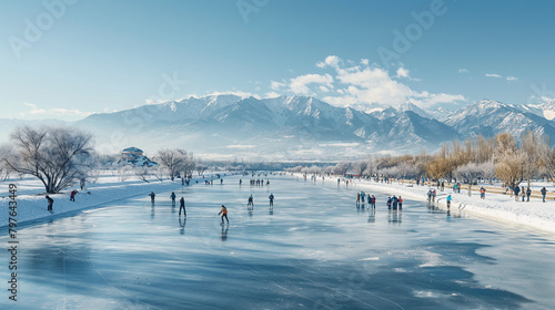 A frozen lake with many people ice skating on it. There are snow-covered trees and mountains in the background.

 photo