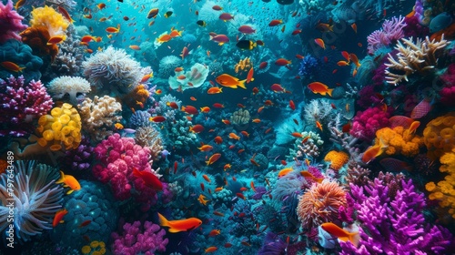 Colorful fish swim among vibrant coral in a bustling underwater ecosystem