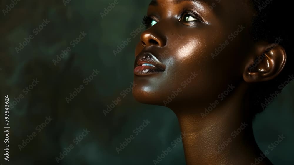 A stunning black woman poses against a dark backdrop her features softly lit by a single spotlight. The play of light and shadow adds depth to her striking beauty and gives the image . A stunning black woman poses against a dark backdrop her features softly lit by a single spotlight. The play of light and shadow adds depth to her striking beauty and gives the image .
