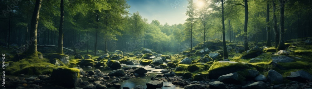 A beautiful and serene landscape image of a lush green forest with a crystal clear river running through it. The sun is shining brightly and there is a light mist in the air. A beautiful and serene landscape image of a lush green forest with a crystal clear river running through it. The sun is shining brightly and there is a light mist in the air.