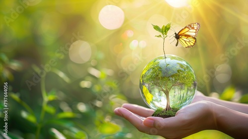 A hand holding a clear glass ball with a small tree growing inside it. The tree is green and healthy, and there is a butterfly on the leaf. The background is green and out of focus.