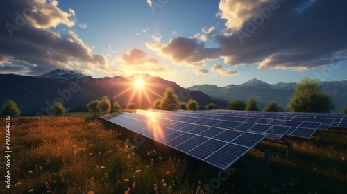 A field of solar panels in front of a mountain range at sunset.