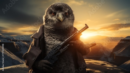 A kiwi bird wearing a trench coat and holding a shotgun in the desert at sunset.