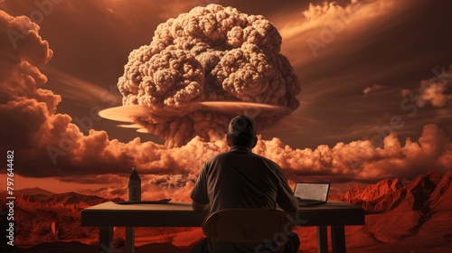 A man sits at a table in the desert watching a nuclear explosion in the distance.
