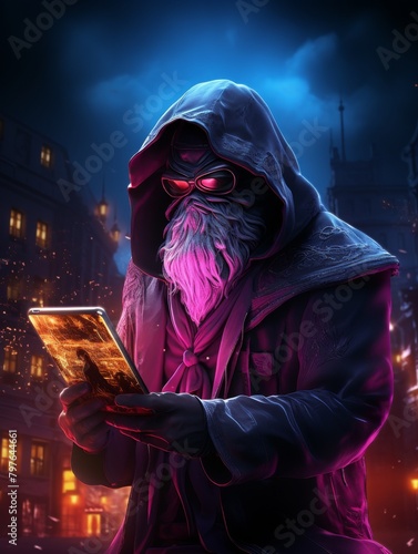 A wizard wearing a black robe and a purple scarf is looking at a futuristic tablet. The background is a dark cityscape.