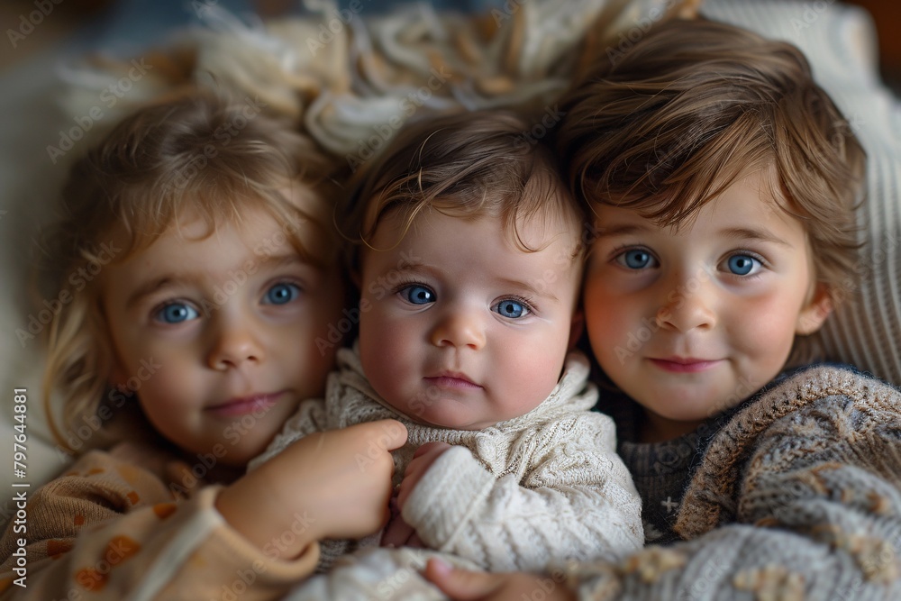 Warm Family Moments: Parents and Three Kids Bonding in a Sunny Living Room, Surrounded by Love Warm Family Moments: Parents and Three Kids Bonding in a Sunny Living Room, Surrounded by Love