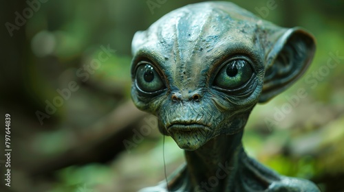 A close up of a green alien looking creature with big eyes, AI