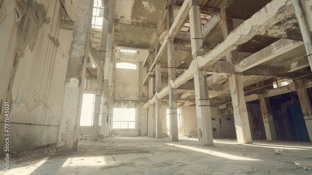 Wideangle shot of the vast, hollow space of an abandoned building, portrayed in faded whites to convey a sense of forgotten history