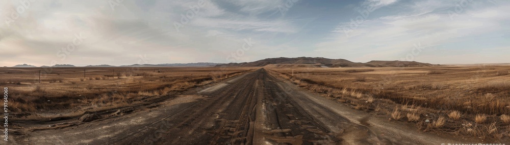 Wideangle shot of an empty road leading to nowhere, the dull browns of the barren landscape conveying a profound sense of forsakenness