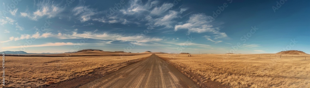 Wideangle shot of an empty road leading to nowhere, the dull browns of the barren landscape conveying a profound sense of forsakenness Wideangle shot of an empty road leading to nowhere, the dull browns of the barren landscape conveying a profound sense of forsakenness
