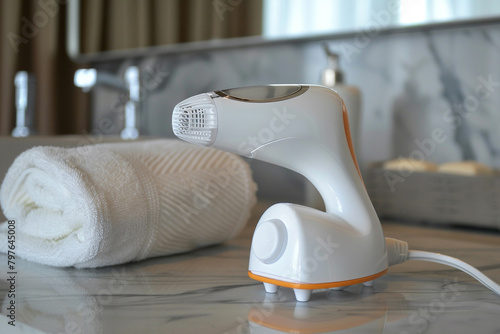 A compact handheld steamer with quick heat-up, eliminating wrinkles with ease.
