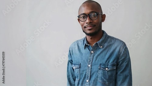 Portrait of handsome cheerful African American man in casual outfit, wearing denim shirt and glasses standing over white background photo