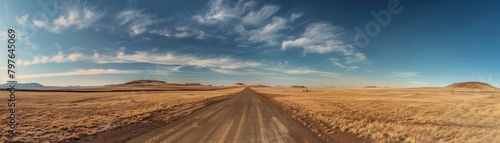 Wideangle shot of an empty road leading to nowhere, the dull browns of the barren landscape conveying a profound sense of forsakenness photo