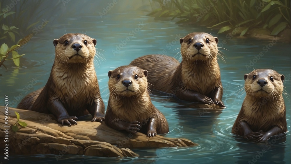 Four otters are in a shallow stream, resting on a log. Four otters are in a shallow stream, resting on a log.