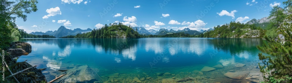 Wideangle shot of a secluded lake, its surface reflecting vibrant blues, embodying serenity and undisturbed natural beauty