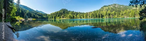 Wideangle shot of a secluded lake with crystalclear waters, providing a peaceful and pristine setting ideal for tranquil nature ads