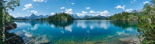 Wideangle shot of a secluded lake, its surface reflecting vibrant blues, embodying serenity and undisturbed natural beauty