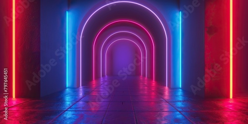 A dark room with red and blue neon lights