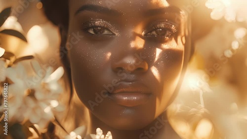 Lost in the beauty of an ebony enchanted garden a stunning black woman is captured in this portrait her golden skin glowing in the warm light. With a dreamlike quality she becomes . photo
