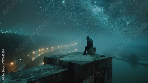 A person sitting on a ledge looking at the stars, AI photo