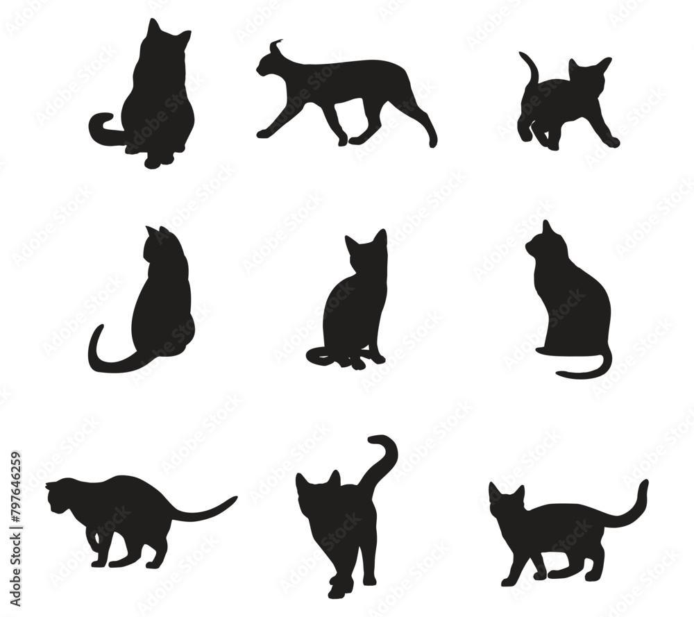 Cat silhouette collection. Set of black cat silhouette. Kitten silhouette collection. Cat silhouette set vector illustration.