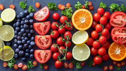 Array of Fruits and Vegetables on a Table. Generative AI