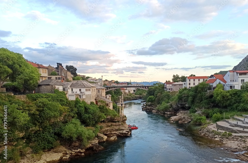 Neretva River and bridge in Mostar, Bosnia and Herzegovina at daytime in spring