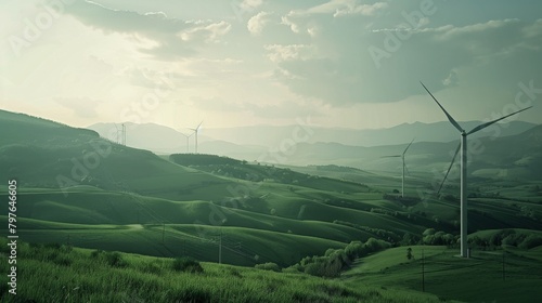 Soft green hues of the natural surroundings blend harmoniously with wind turbines in this landscape view, perfect for an ecofriendly advertising shoot