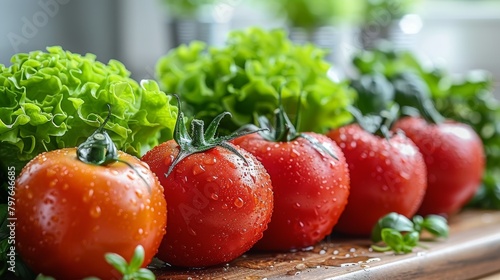 Row of Tomatoes and Lettuce on Cutting Board. Generative AI