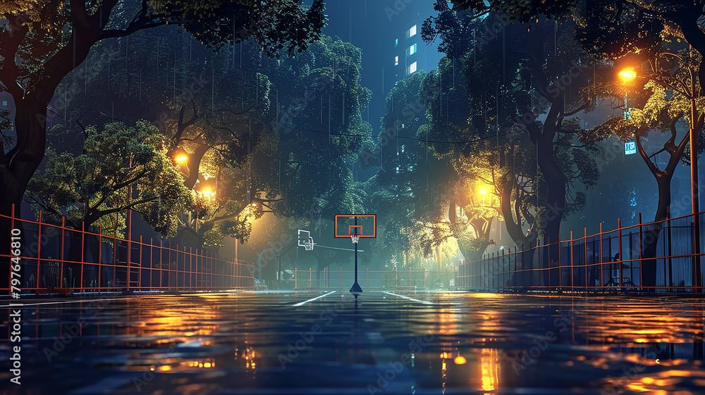 street basketball court in urban night setting street basketball court in urban night setting