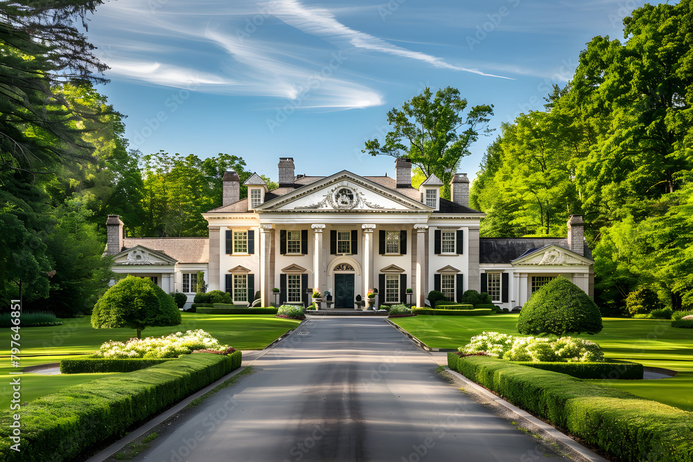 A classic colonial mansion with a long, tree-lined driveway and a grand entrance, highlighting symmetry and traditional design