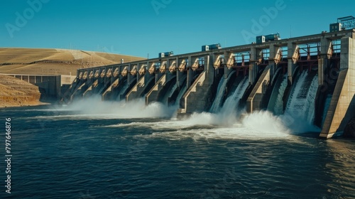 Robust dam and hydroelectric station captured against deep blue waters, emphasizing strength and power in an advertising shoot