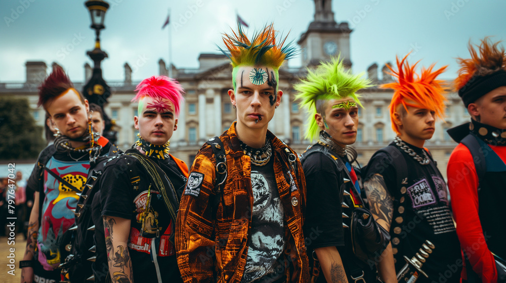 A group of people with brightly colored punk hairstyles are posing on a ledge in front of the Houses of Parliament in London.

