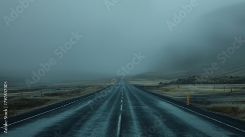 Professional photo of a desolate, empty road, the muted grays of the asphalt and surrounding landscape enhancing the sense of abandonment photo