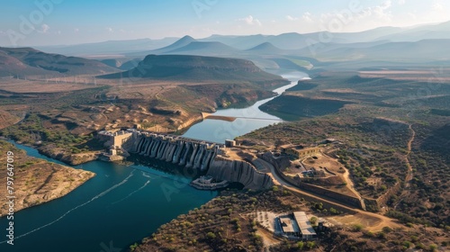 Professional photo highlighting the formidable presence of a dam and hydroelectric station amidst the powerful earthy browns of the surrounding land photo