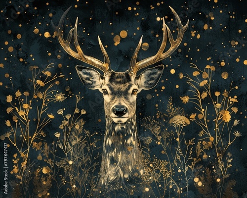 Beautiful art piece featuring a deer in golden line art, its delicate antlers intertwined with woodland flora, set against a lavish background