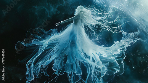 A jellyfish girl floating in levitation on a dark ocean photo