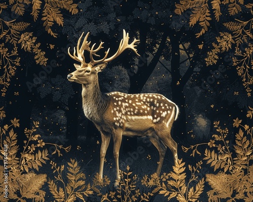 Opulent golden line art of a deer standing serene in the forest, its form and surroundings rendered with fine, elegant strokes on a luxury background