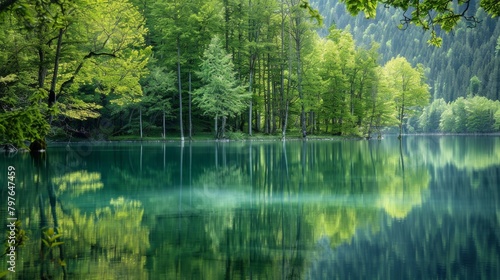 Professional image of a tranquil, secluded lake, its crystalclear waters reflecting a peaceful, untouched environment