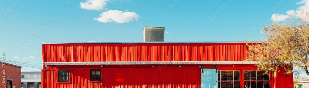 Professional image capturing the striking appearance of a bright red, unusual building in a small town, ideal for ads that highlight unique destinations Professional image capturing the striking appearance of a bright red, unusual building in a small town, ideal for ads that highlight unique destinations
